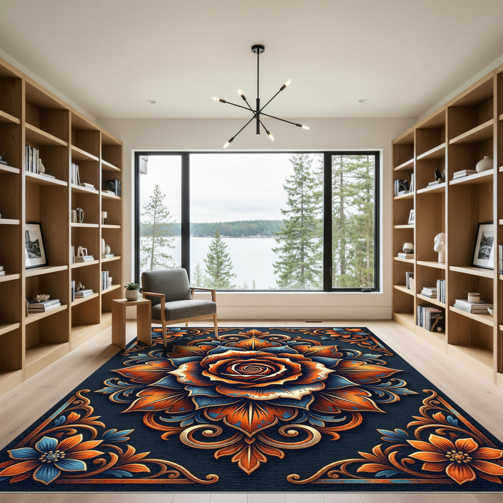 Ornate Orange Blue Rose Mandala Rug