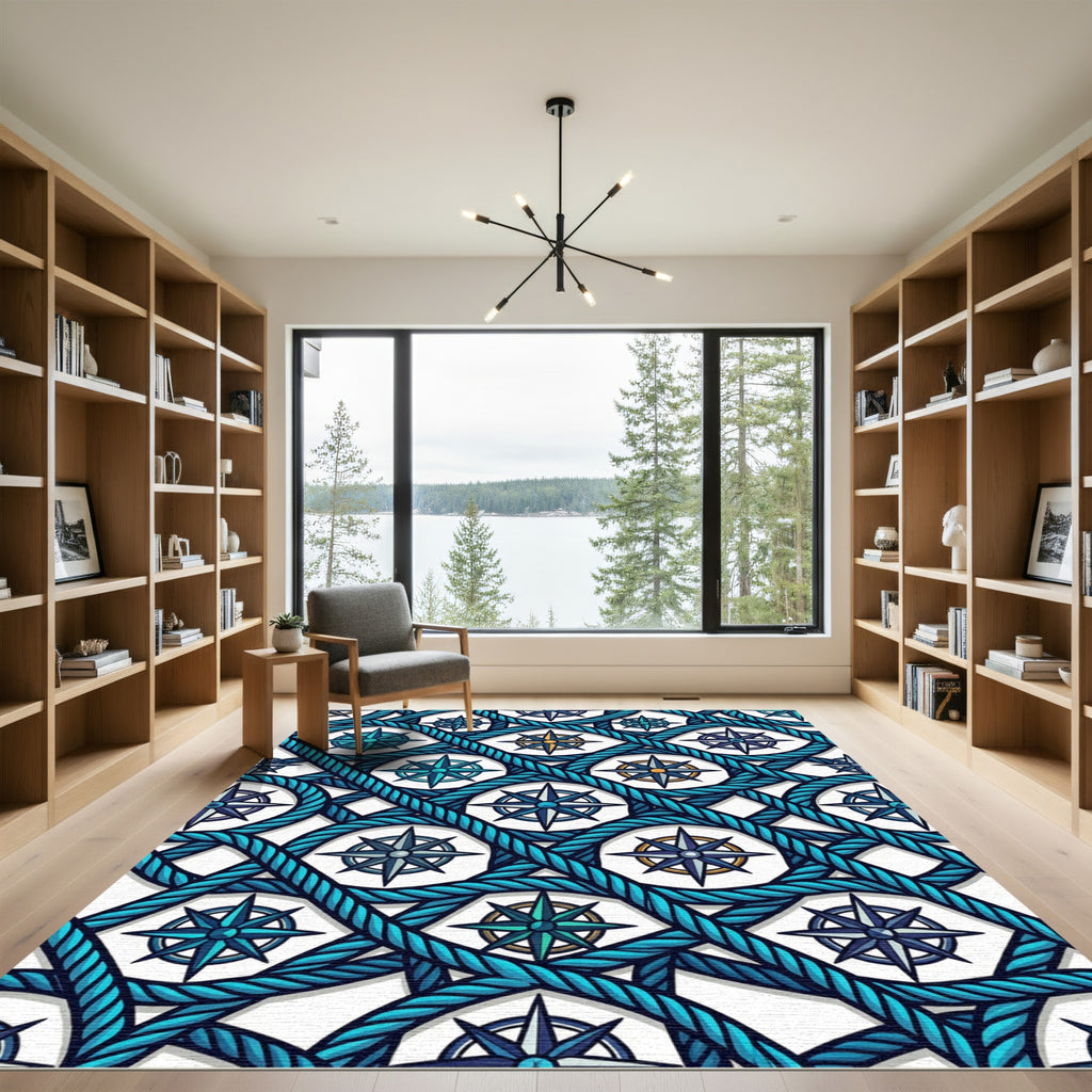 Nautical Blue Compass Rope Interlace Rug
