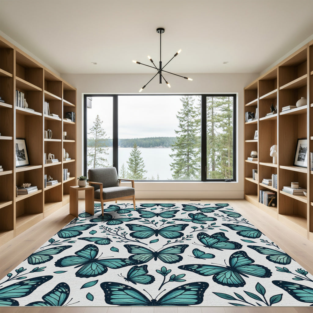 Whimsical Teal Butterfly Botanical Garden Rug