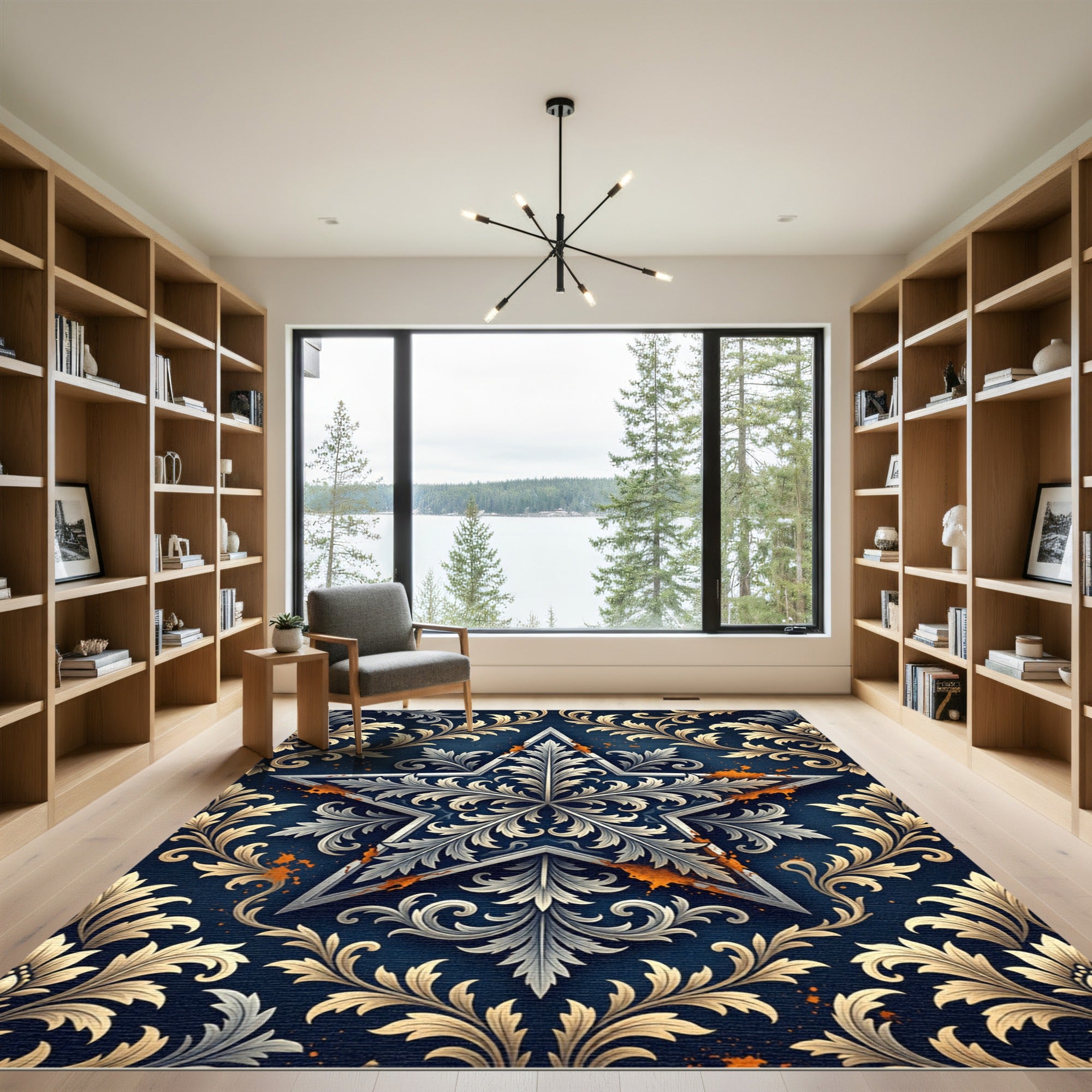 Elegant Navy Golden Floral Star Rug