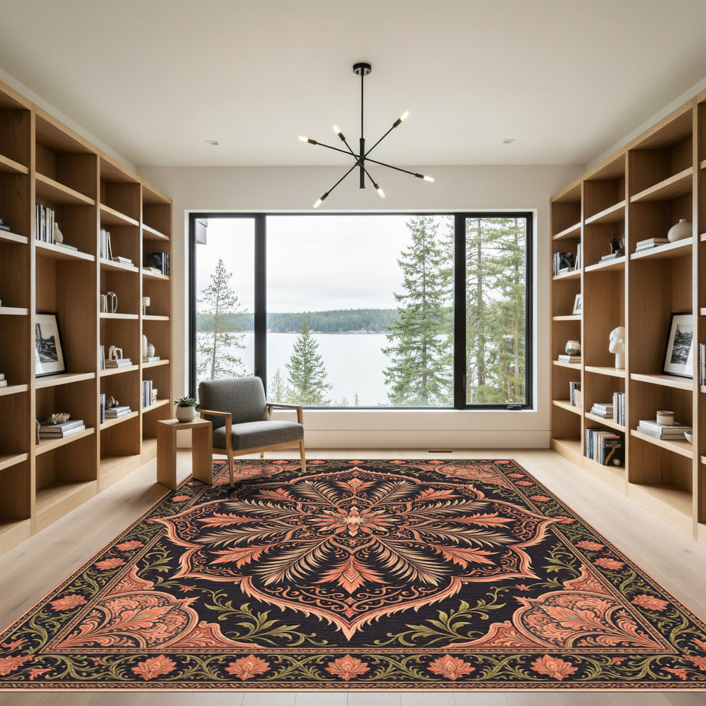 Deep Black Floral Lotus Medallion Rug