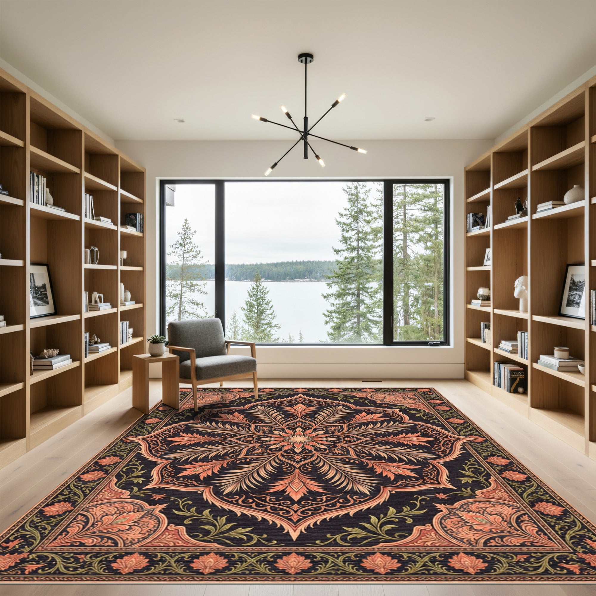 Deep Black Floral Lotus Medallion Rug
