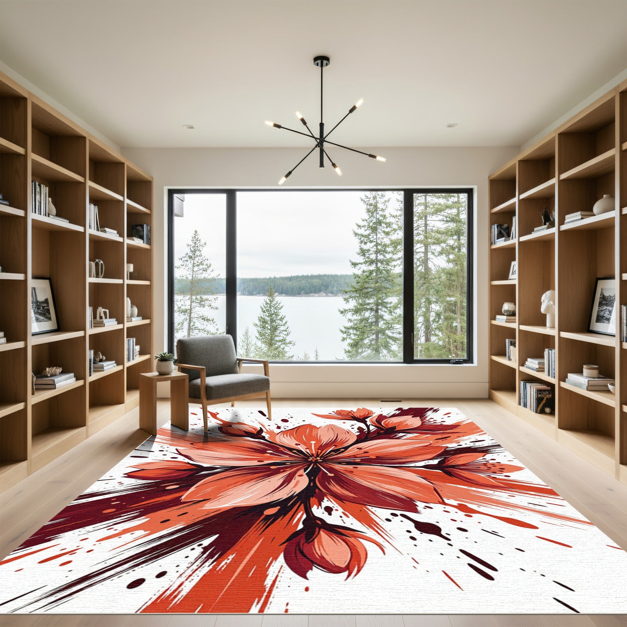 Vibrant Coral Cherry Blossom Abstract Rug