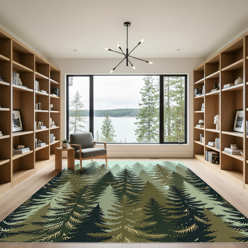 Earthy Green Forest Pine Scenery Rug