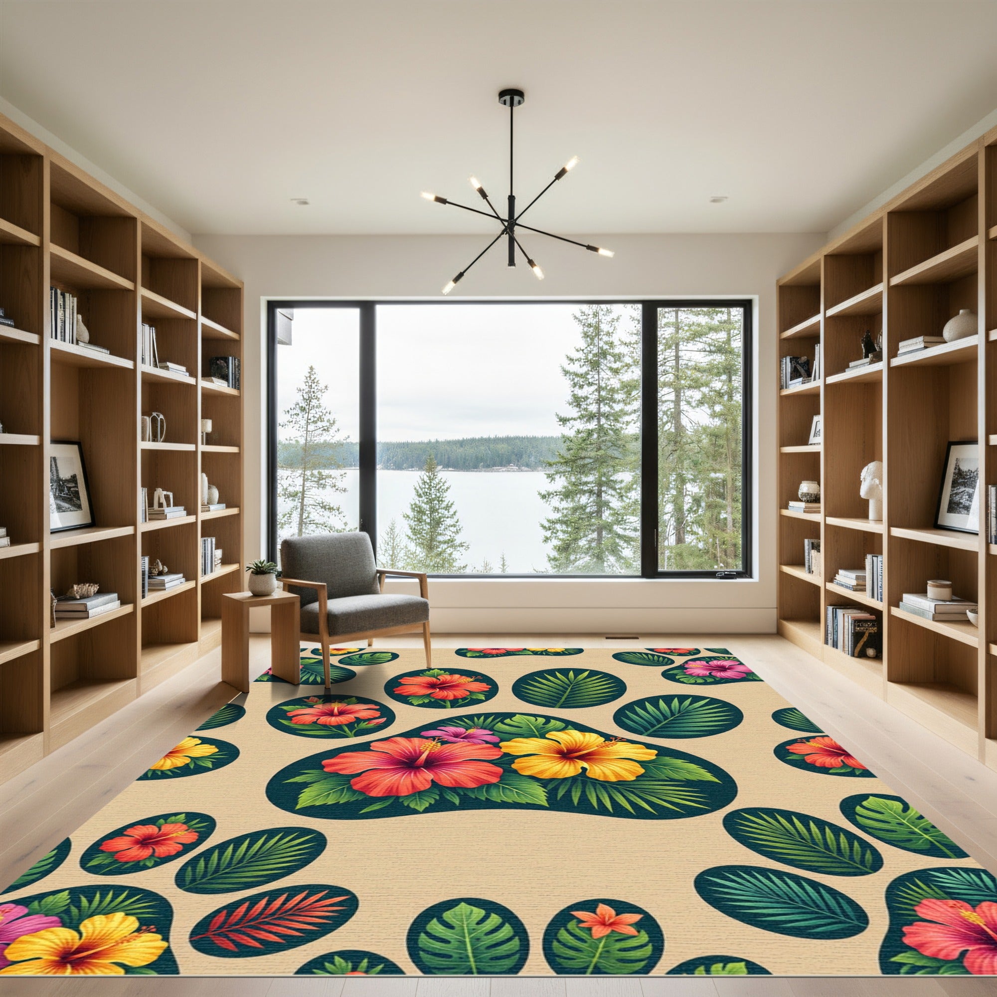 Tropical Hibiscus Paw Meadow Illustration Rug