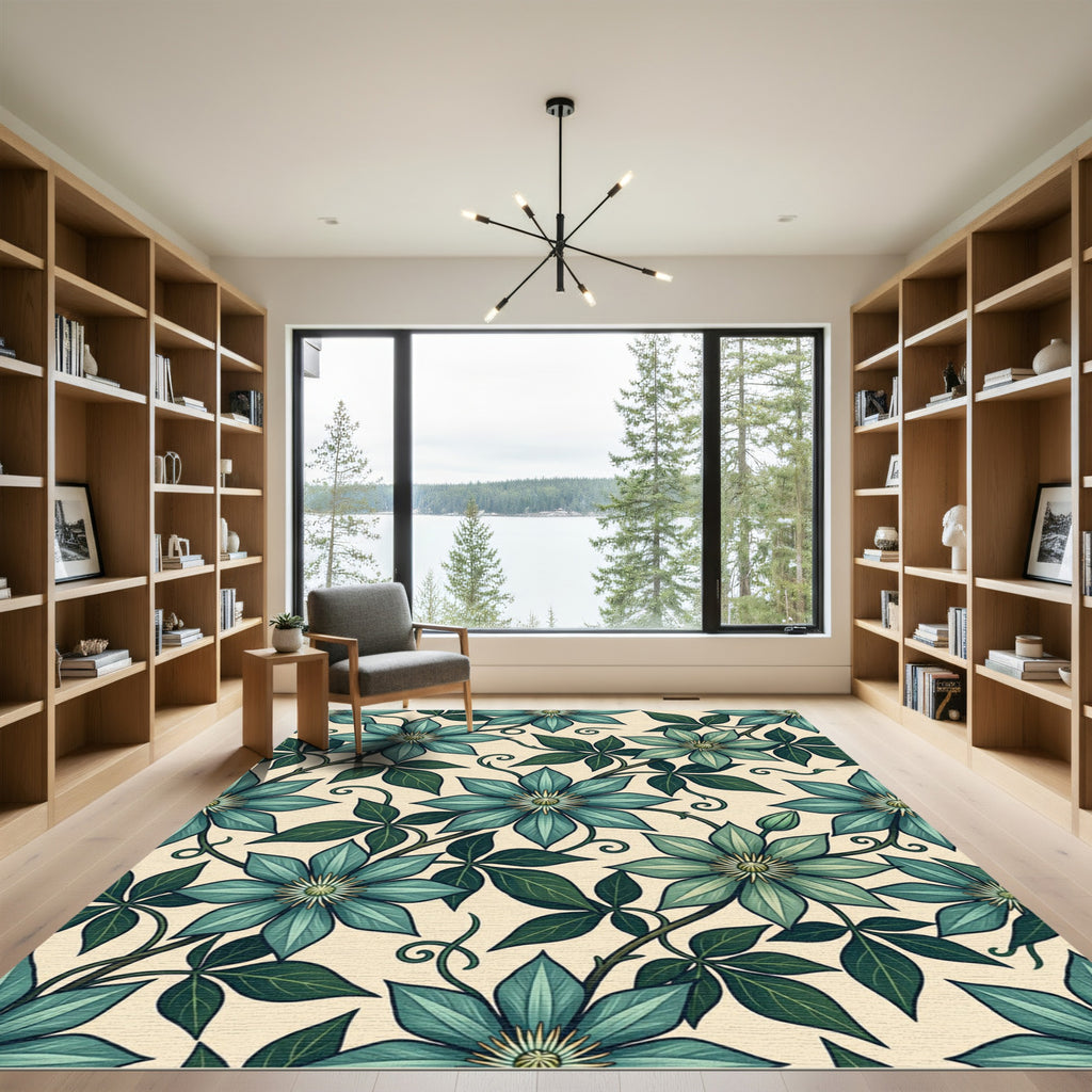 Elegant Teal Clematis Botanical Floral Rug