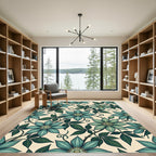 Elegant Teal Clematis Botanical Floral Rug