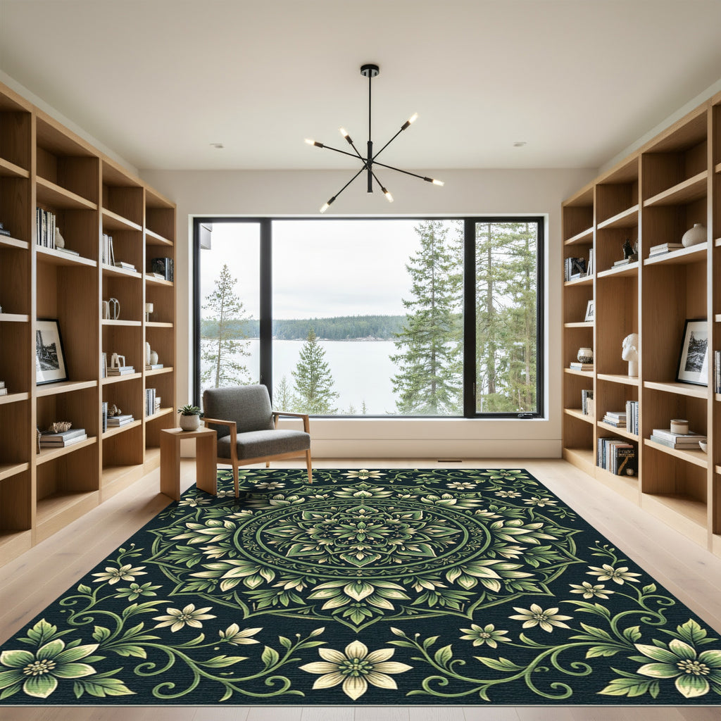 Sage Green Botanical Mandala Medallion Rug