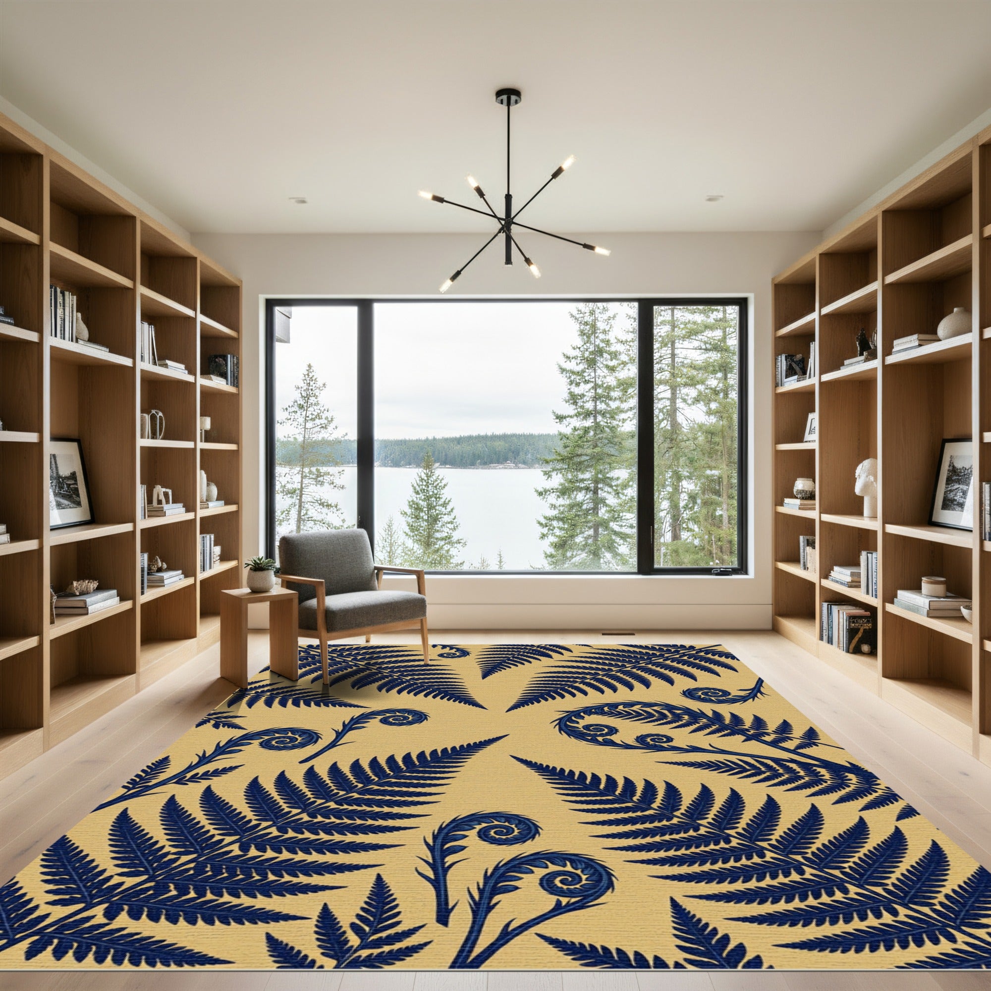 Navy Fern Frond Botanical Gold Rug