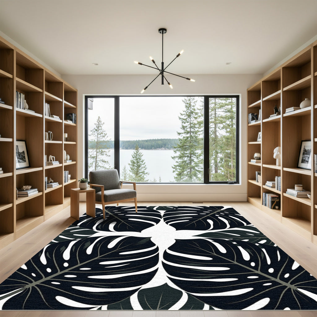 Monstera Leaves Dark Botanical Collage Rug