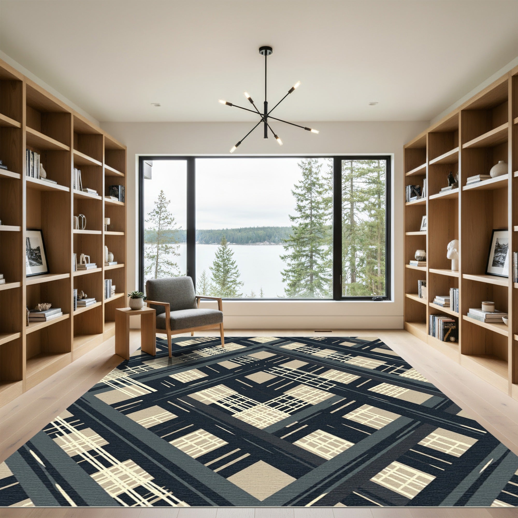 Monochromatic Abstract Line Plaid Rug