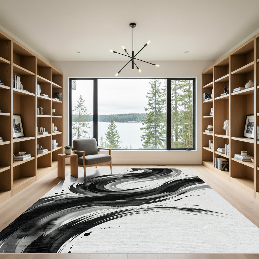 Monochromatic Ink Swirl Abstract Rug
