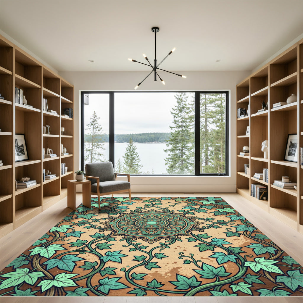 Green Ivy Medallion on Earthy Canvas Rug