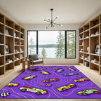 Racing Cars on Purple Wavy Background Rug
