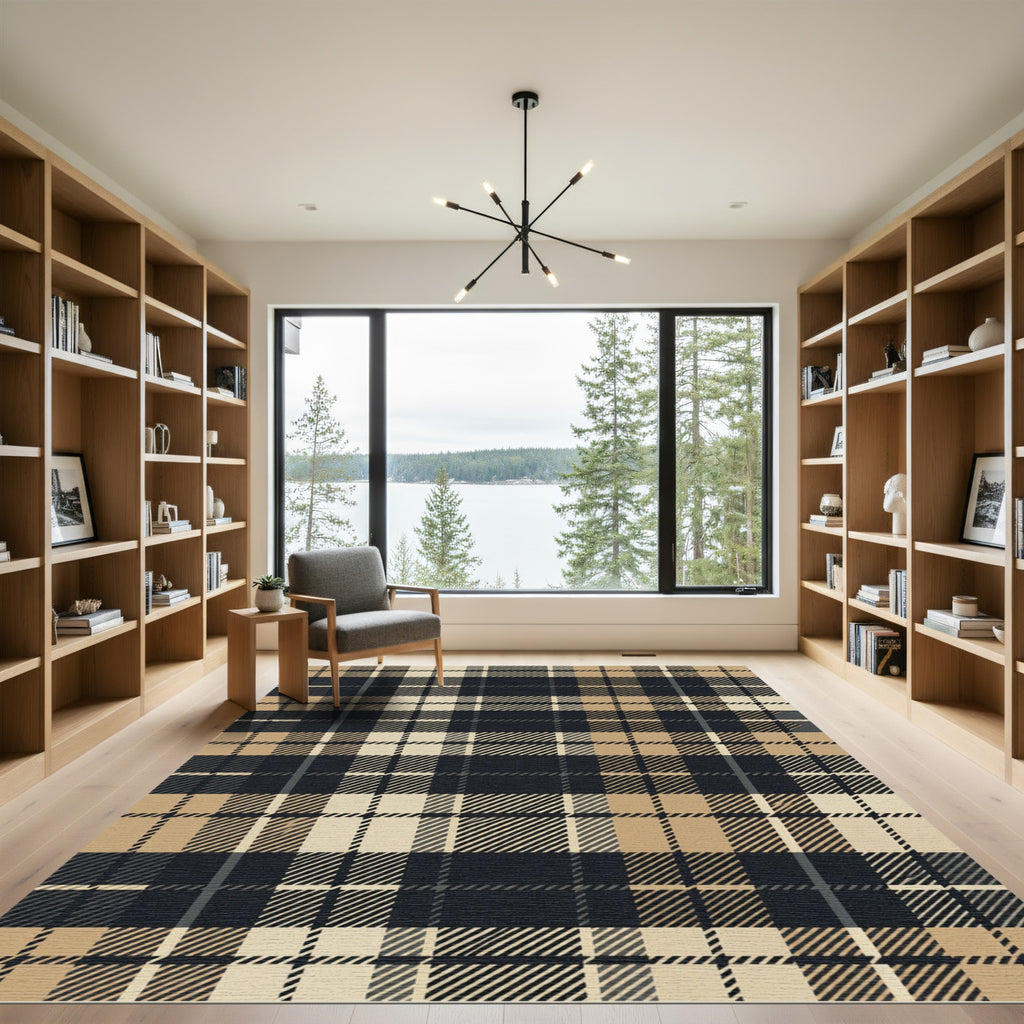 Modern Charcoal and Camel Plaid Rug