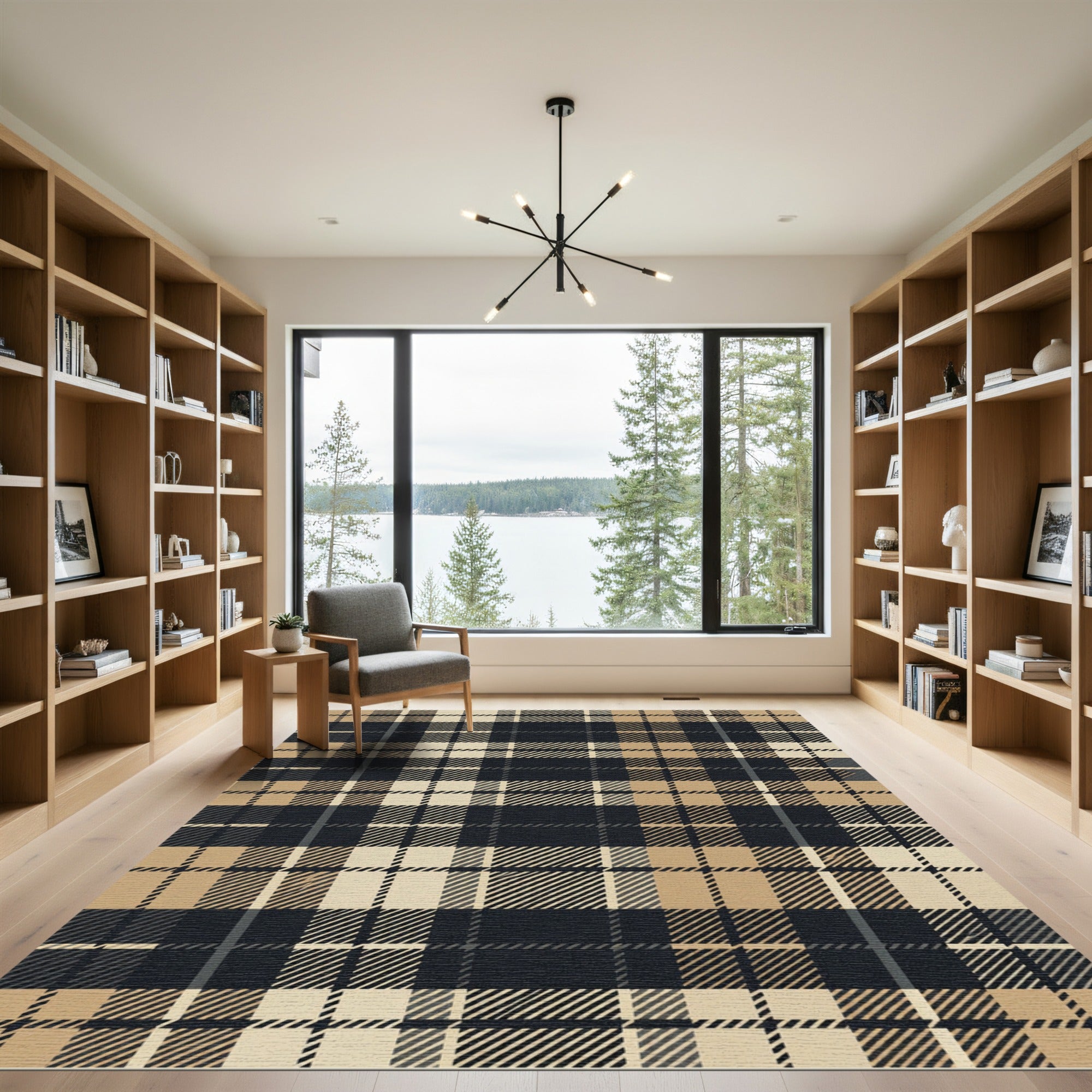Modern Charcoal and Camel Plaid Rug