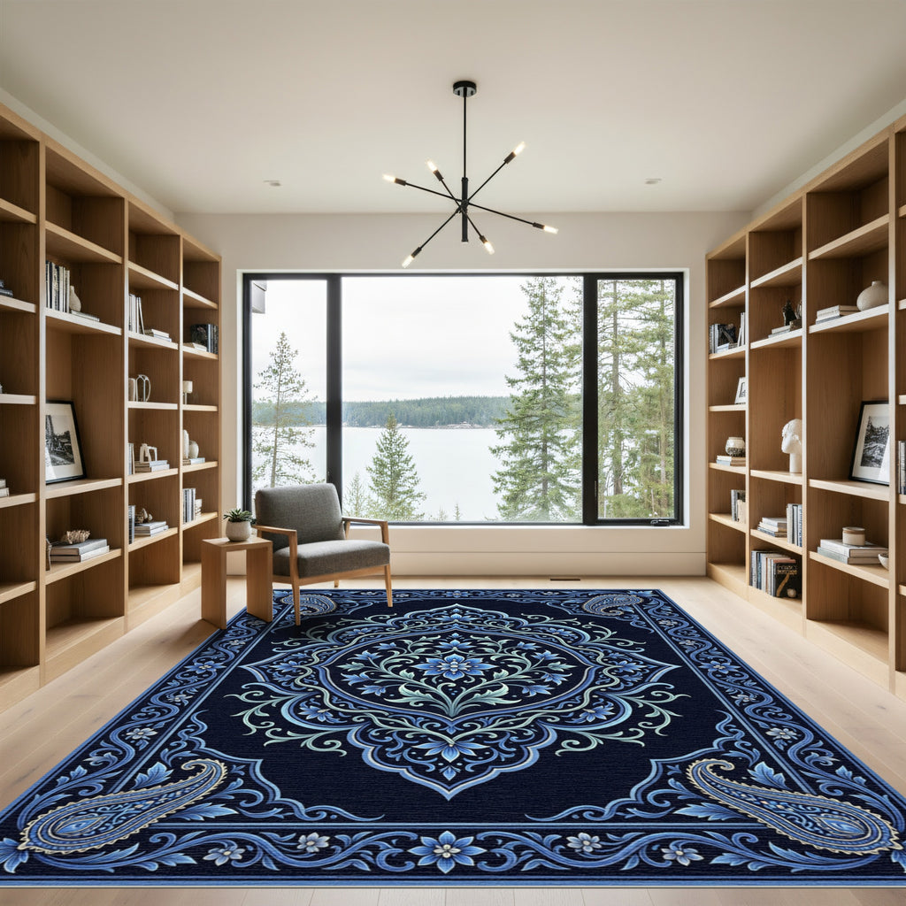 Deep Blue Paisley Floral Medallion Rug