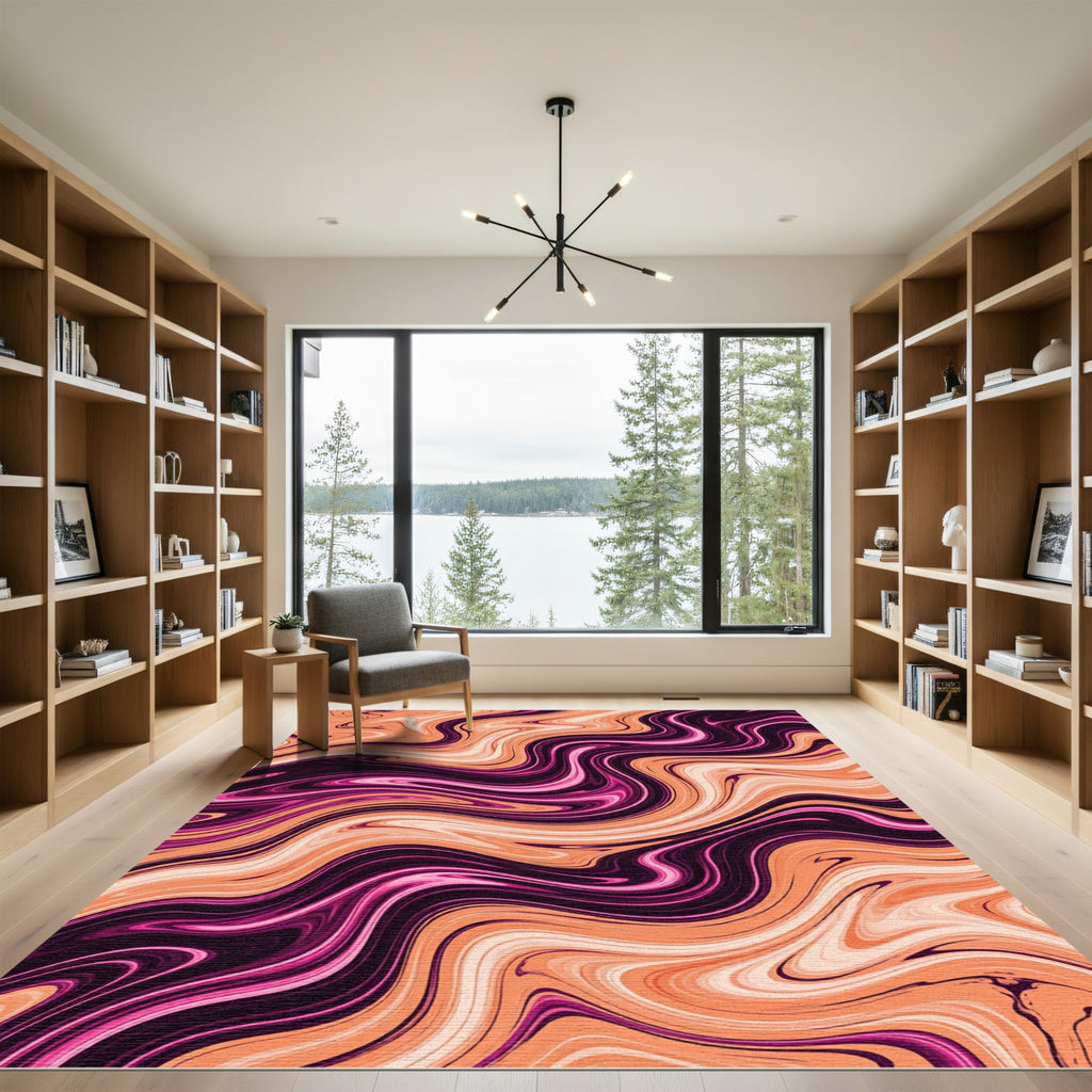 Vibrant Pink Orange Swirl Marbled Rug