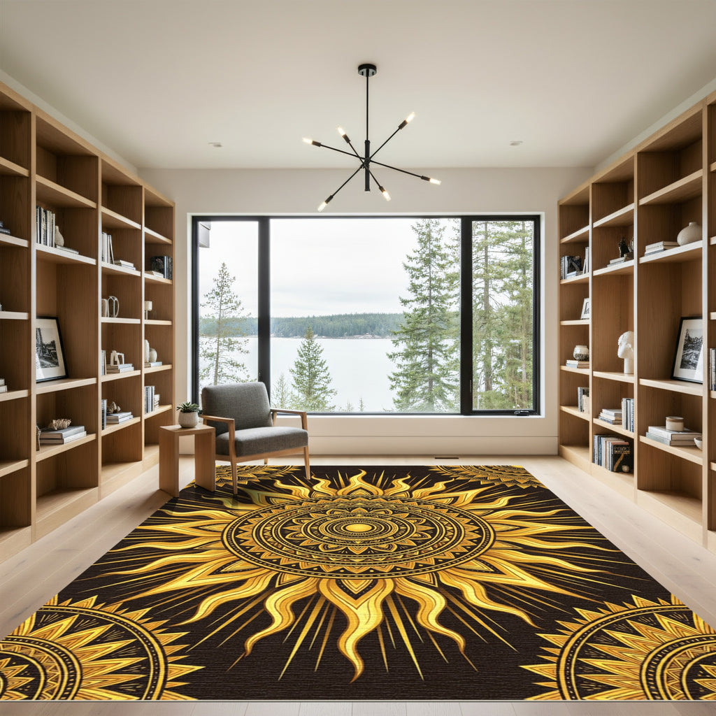 Ornate Golden Radiant Sun Mandala Rug
