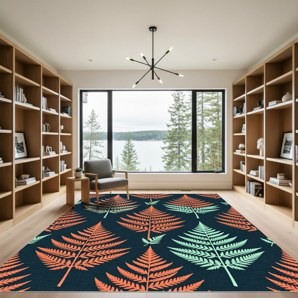 Bold Orange and Mint Fern Foliage Rug