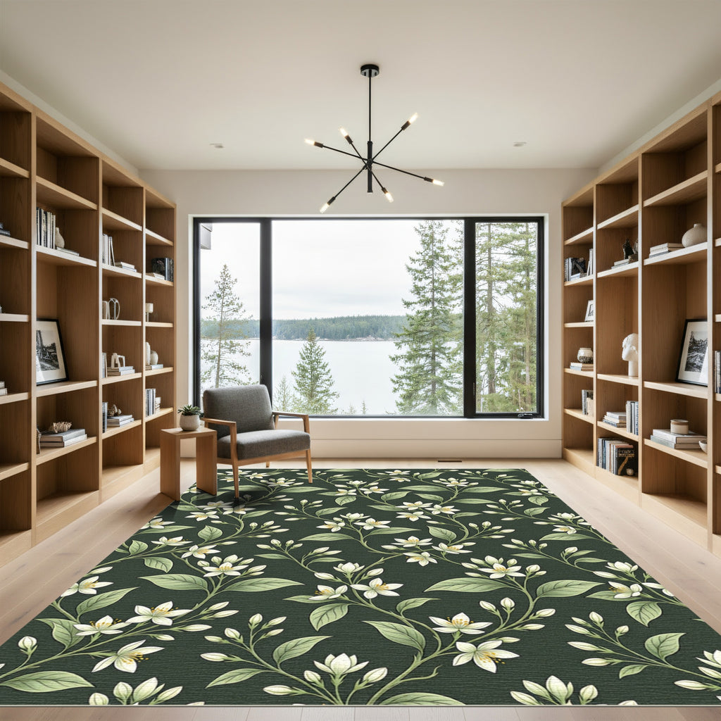White Blossom Vines Dark Emerald Rug