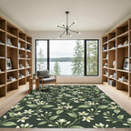 White Blossom Vines Dark Emerald Rug