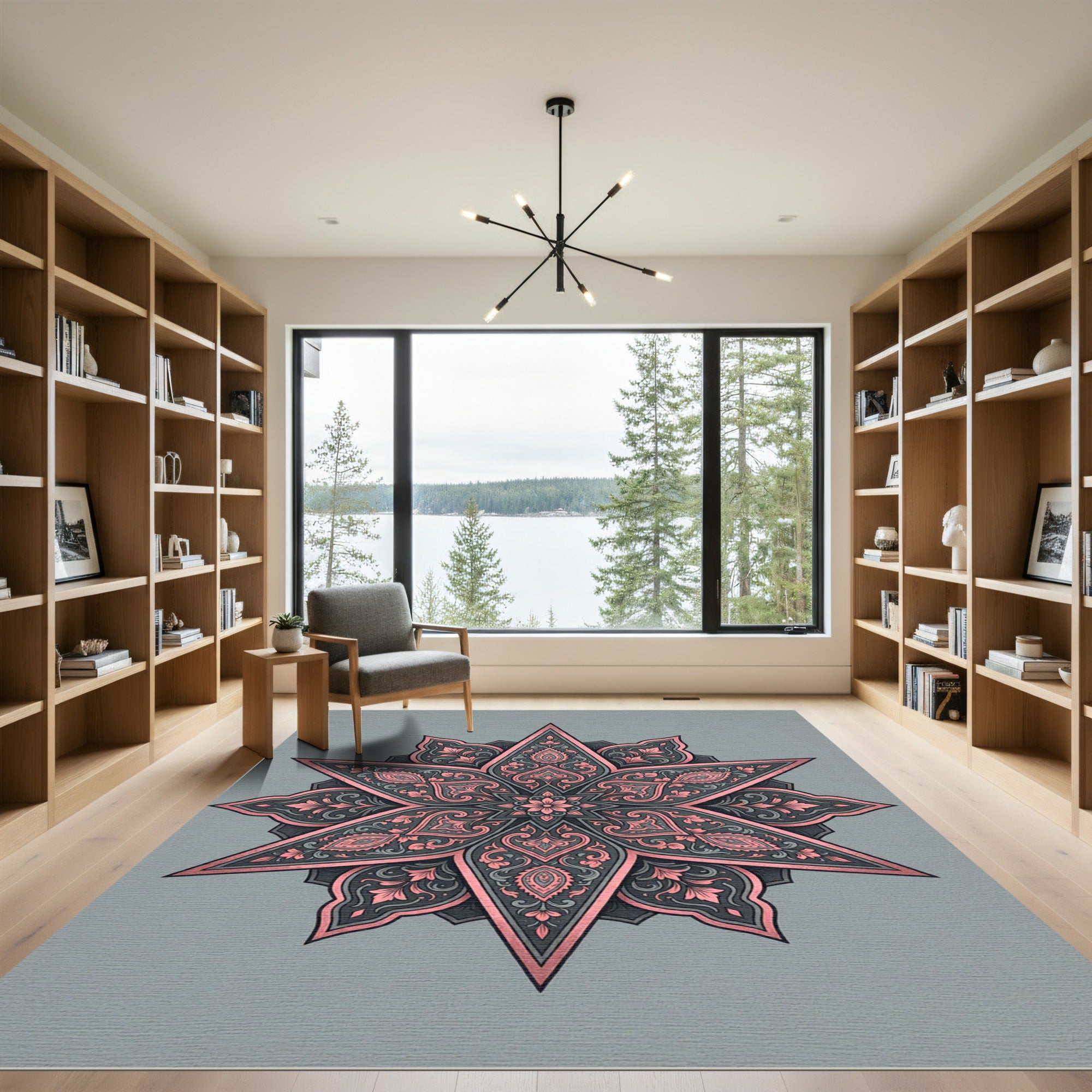 Elegant Pink and Gray Floral Star Rug