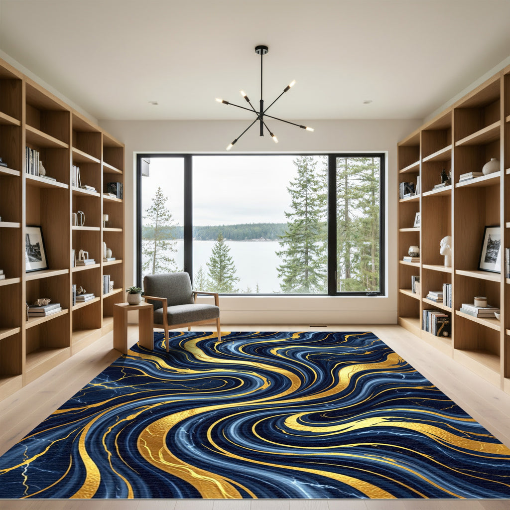Luxury Navy Blue Golden Marbled Swirl Rug