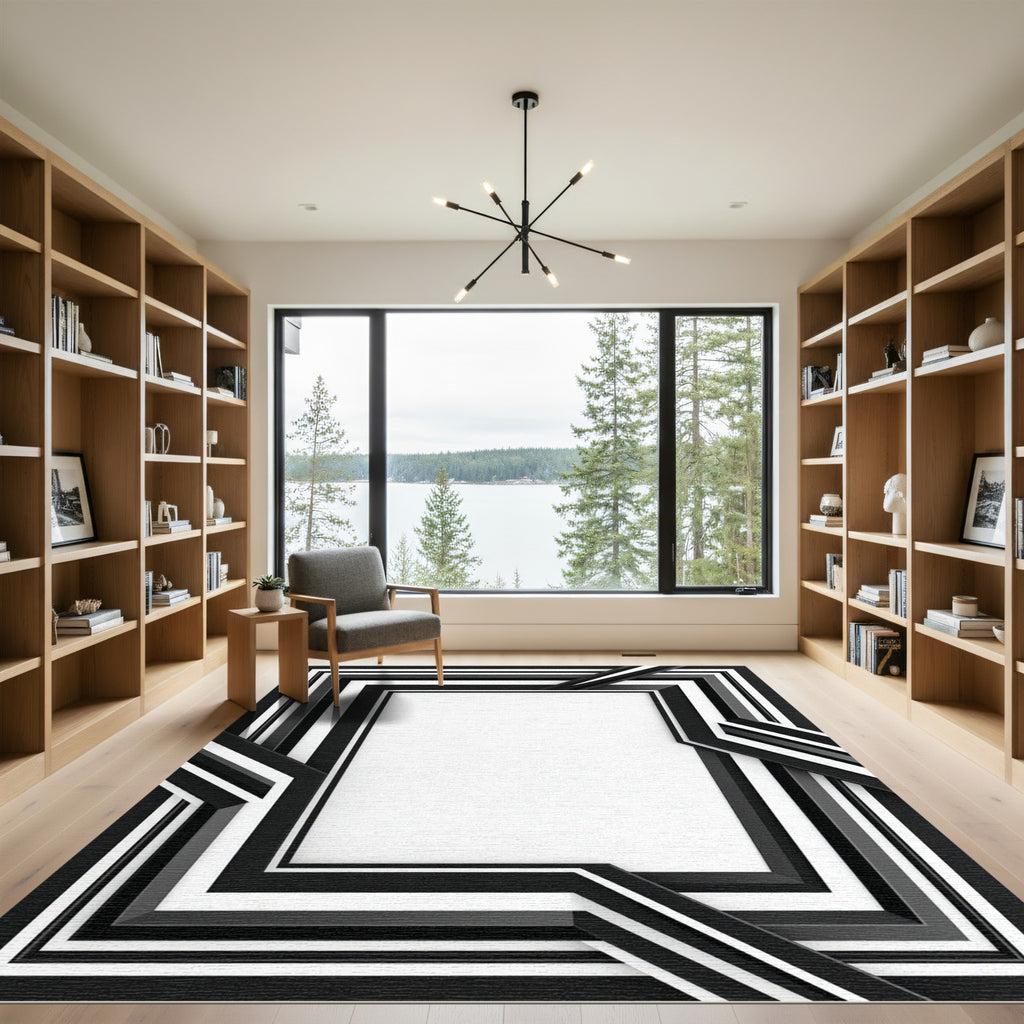 Chic Black White Layered Geometric Rug