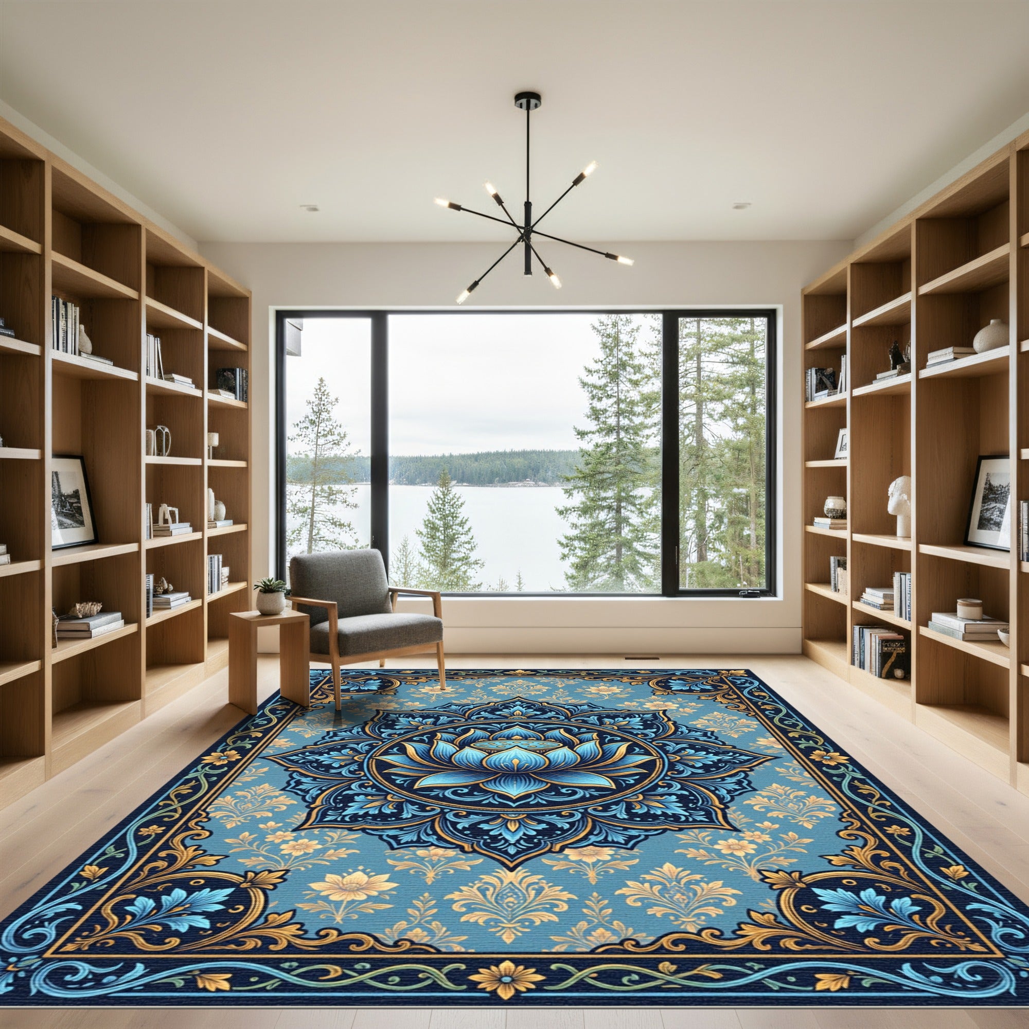 Blue Golden Lotus Mandala Rug