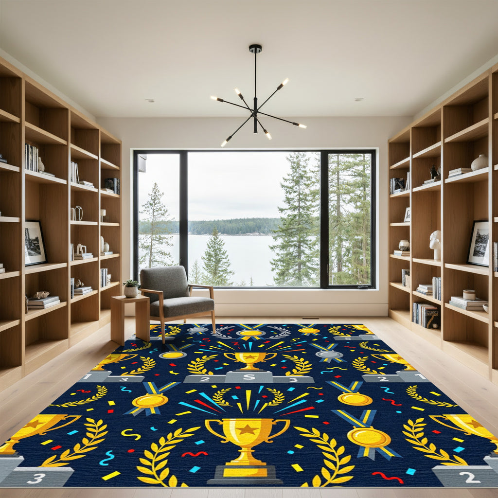 Golden Champion Trophy Medal Navy Backdrop Rug