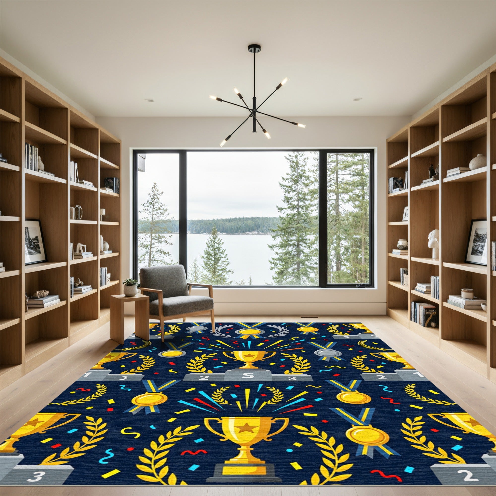 Golden Champion Trophy Medal Navy Backdrop Rug