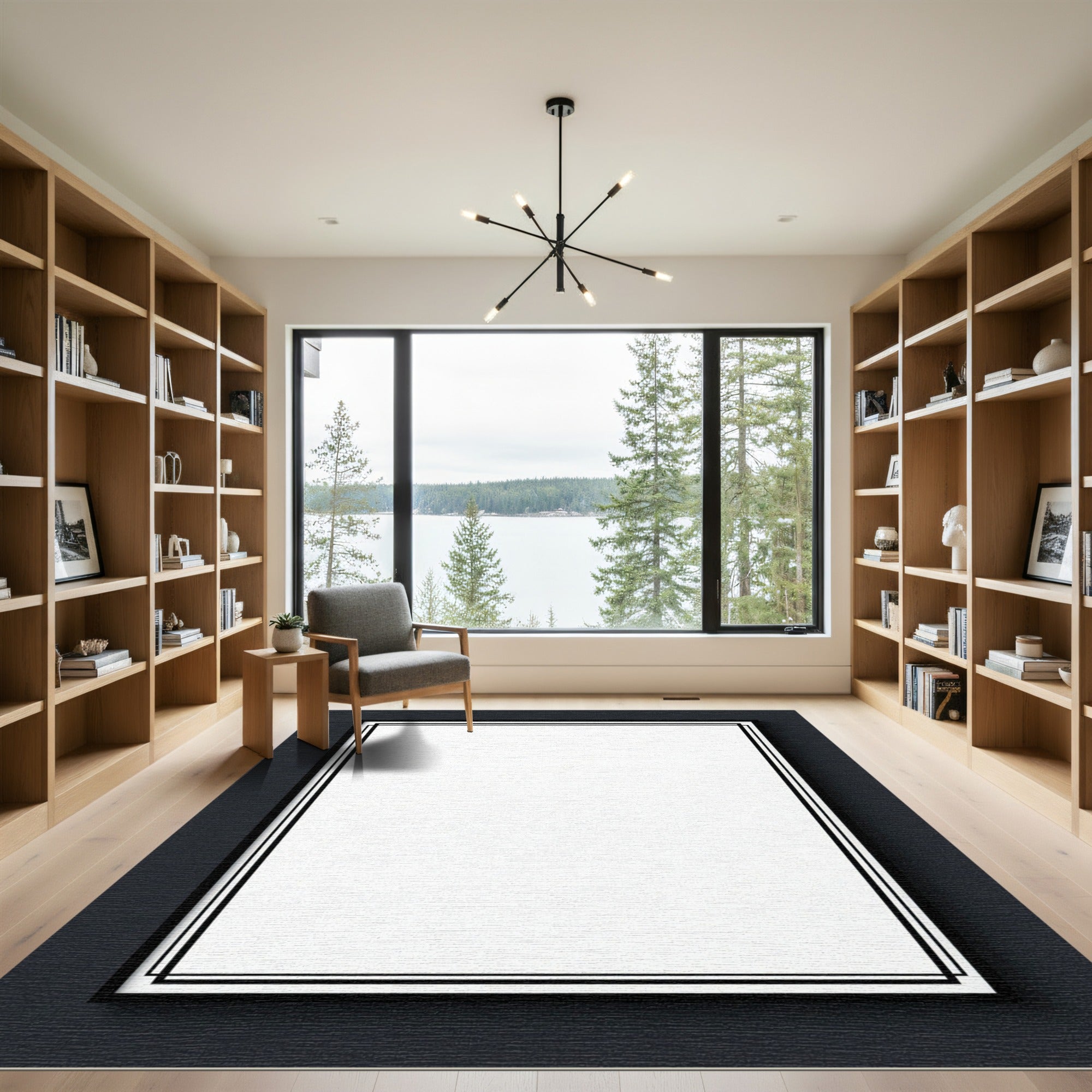 Minimalist Black Border White Canvas Rectangular Rug