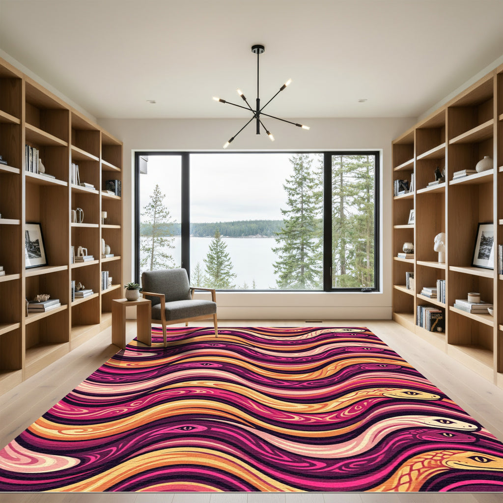 Vibrant Serpentine Waves Pink Yellow Rug