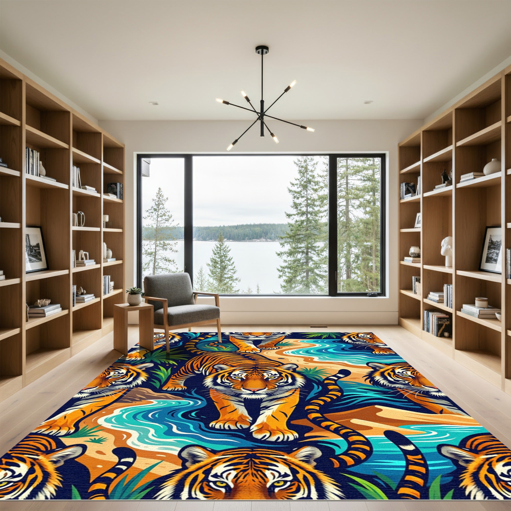 Vibrant Orange Tiger Tropical River Rug