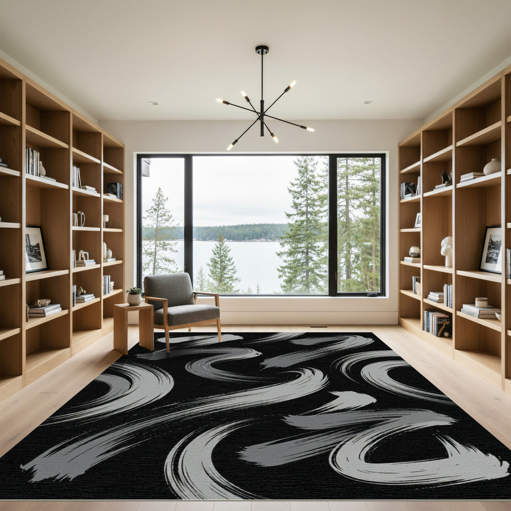 Modern Minimalist Gray Swirling Abstract Strokes Rug