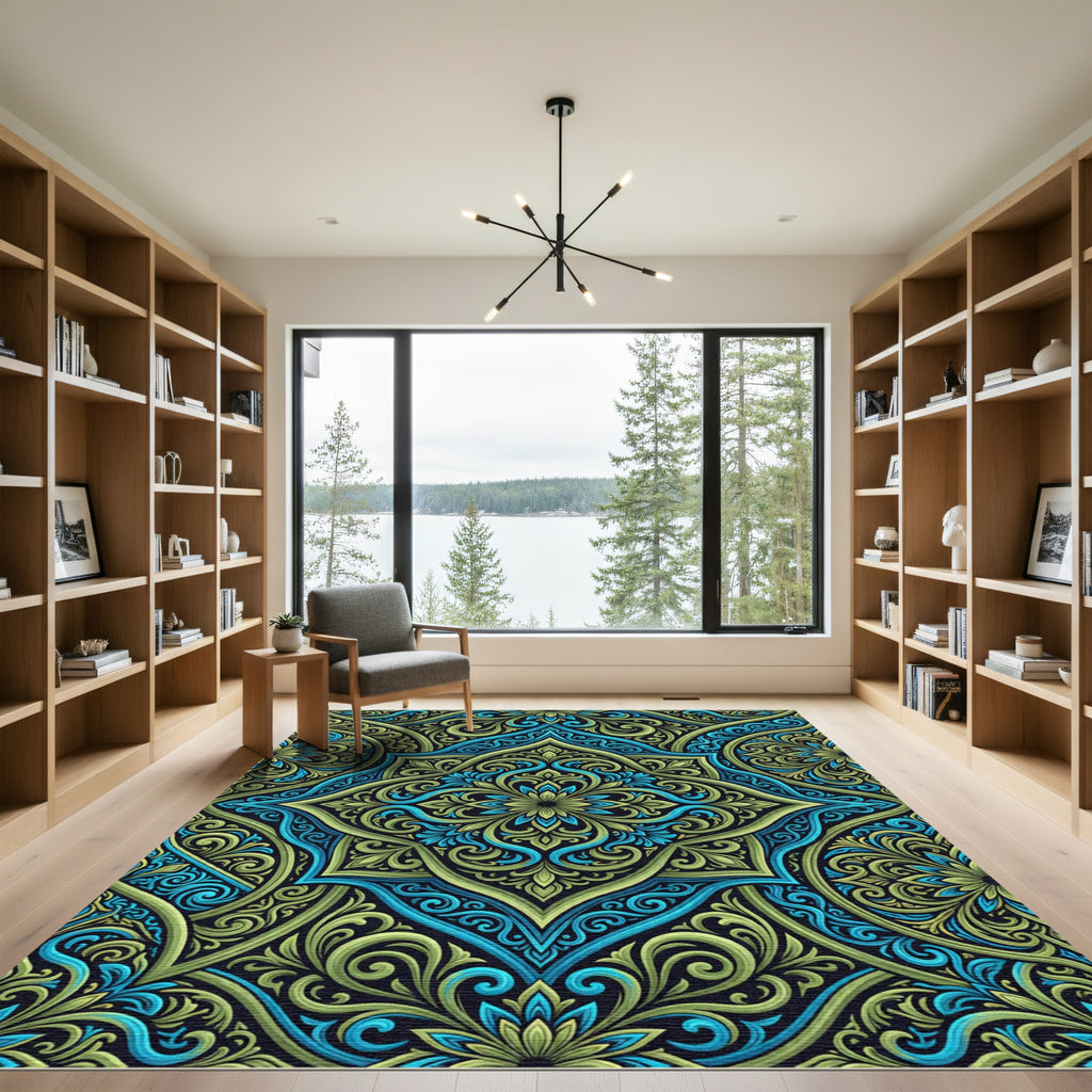 Teal and Sage Swirling Damask Medallion Rug