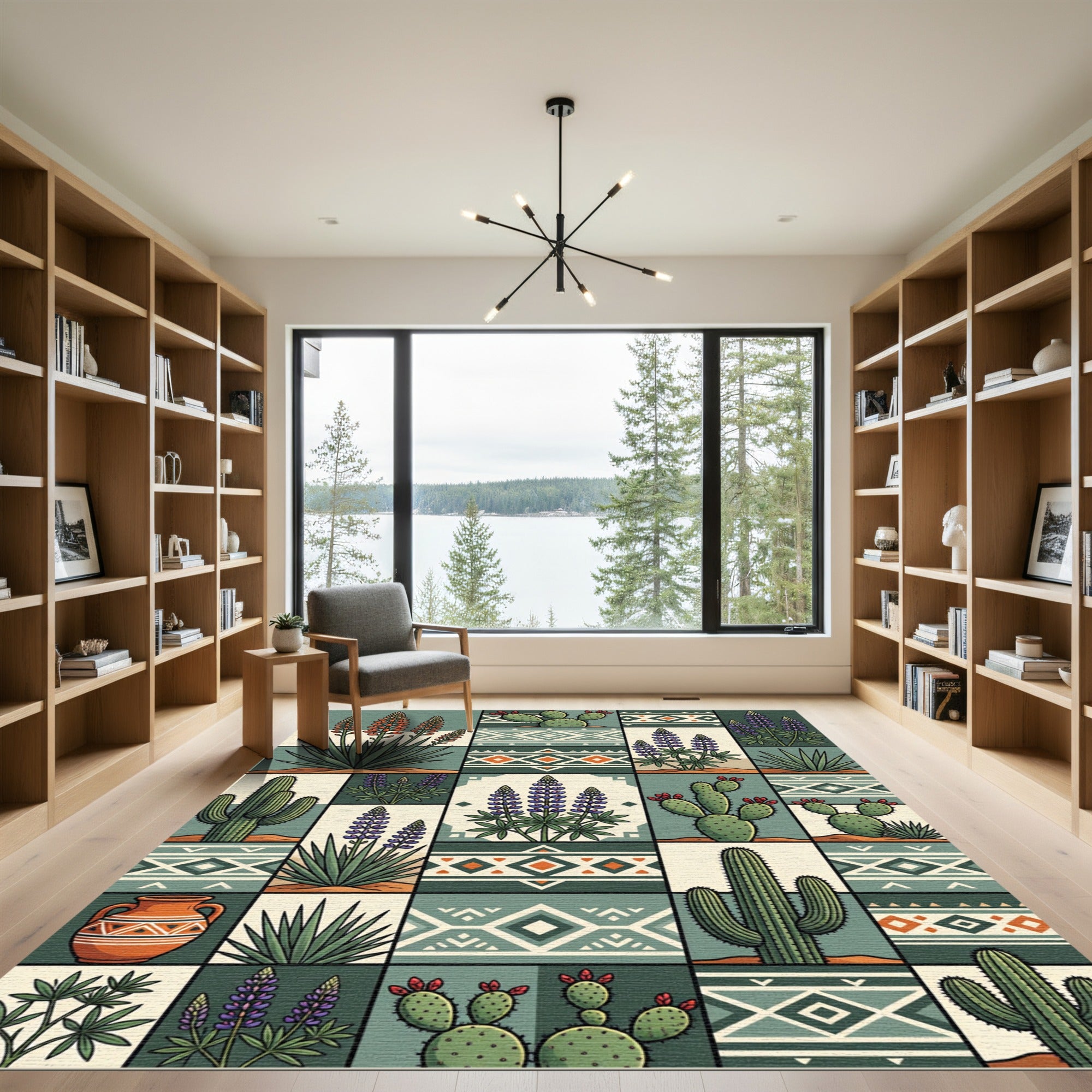 Earthy Southwestern Cactus and Lupine Grid Rug