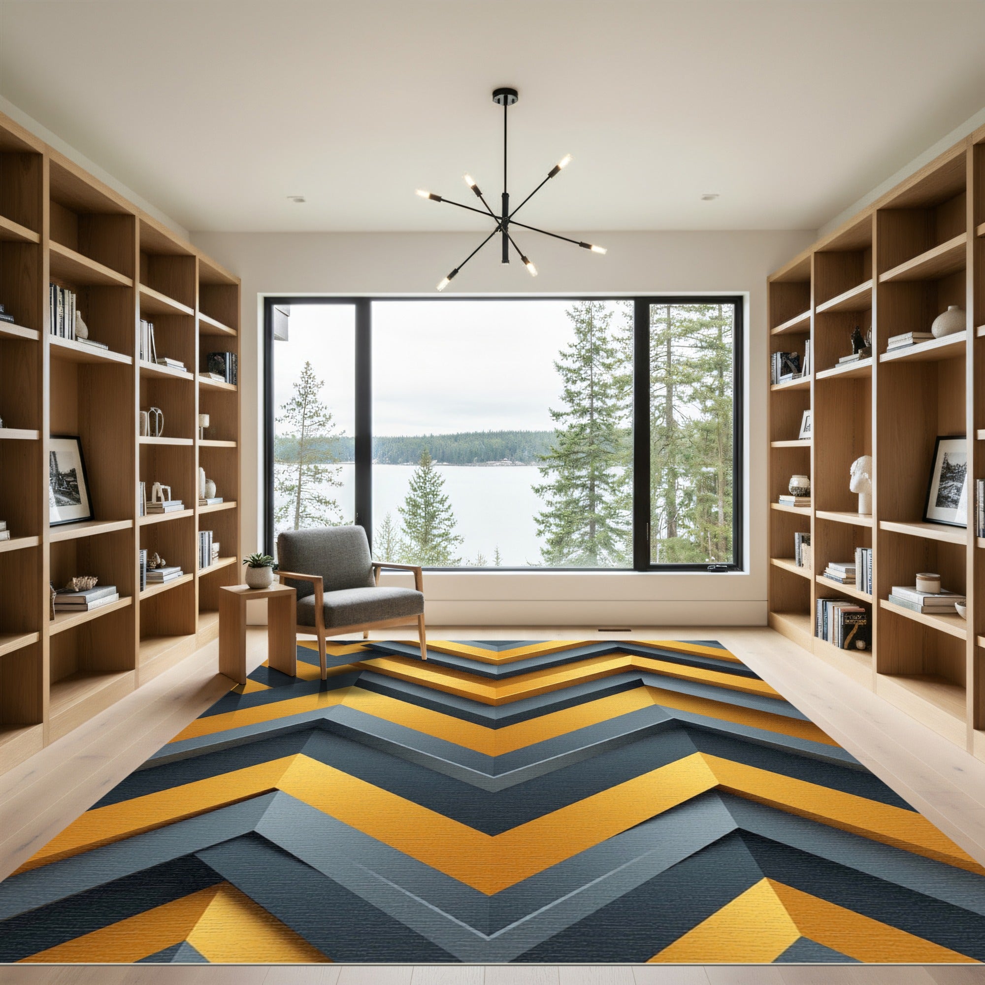 Modern Golden Gray Geometric Chevron Rug