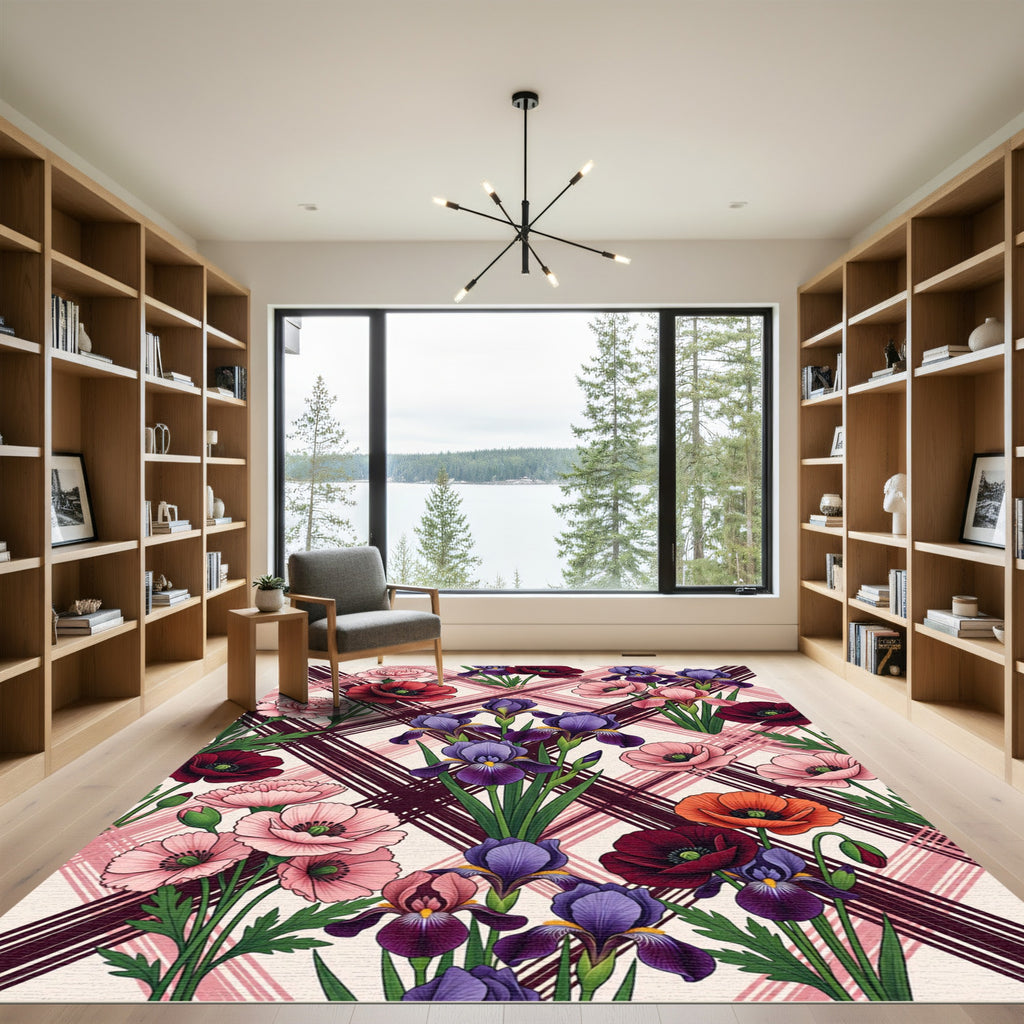 Vibrant Floral Irises Poppies Over Plaid Rug