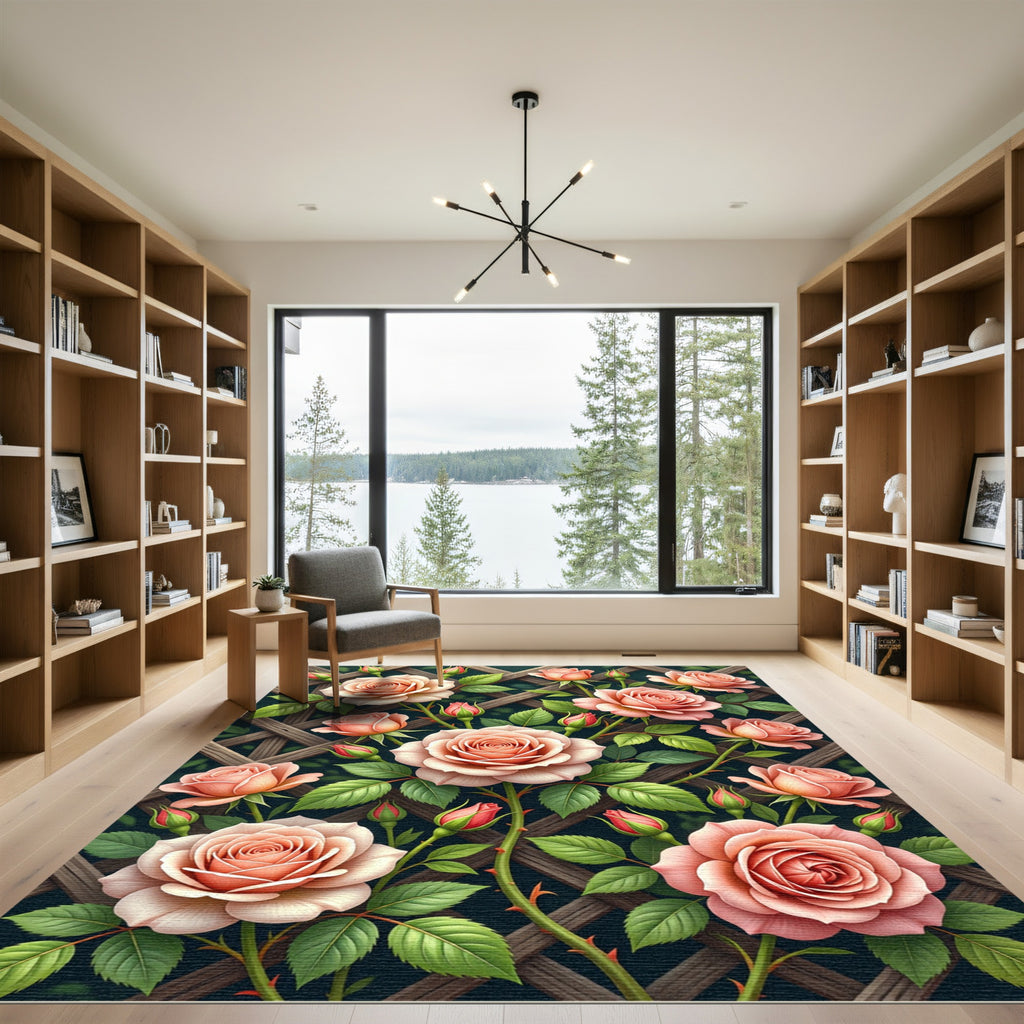 Blush Rose Trellis Floral Lattice Rug