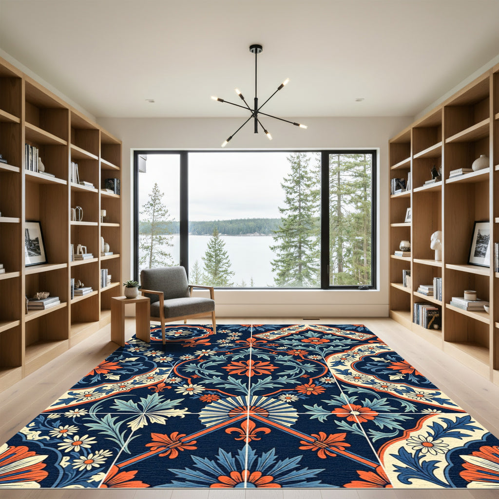 Navy Blue Orange Floral Fleuron Lattice Rug