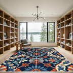 Navy Blue Orange Floral Fleuron Lattice Rug