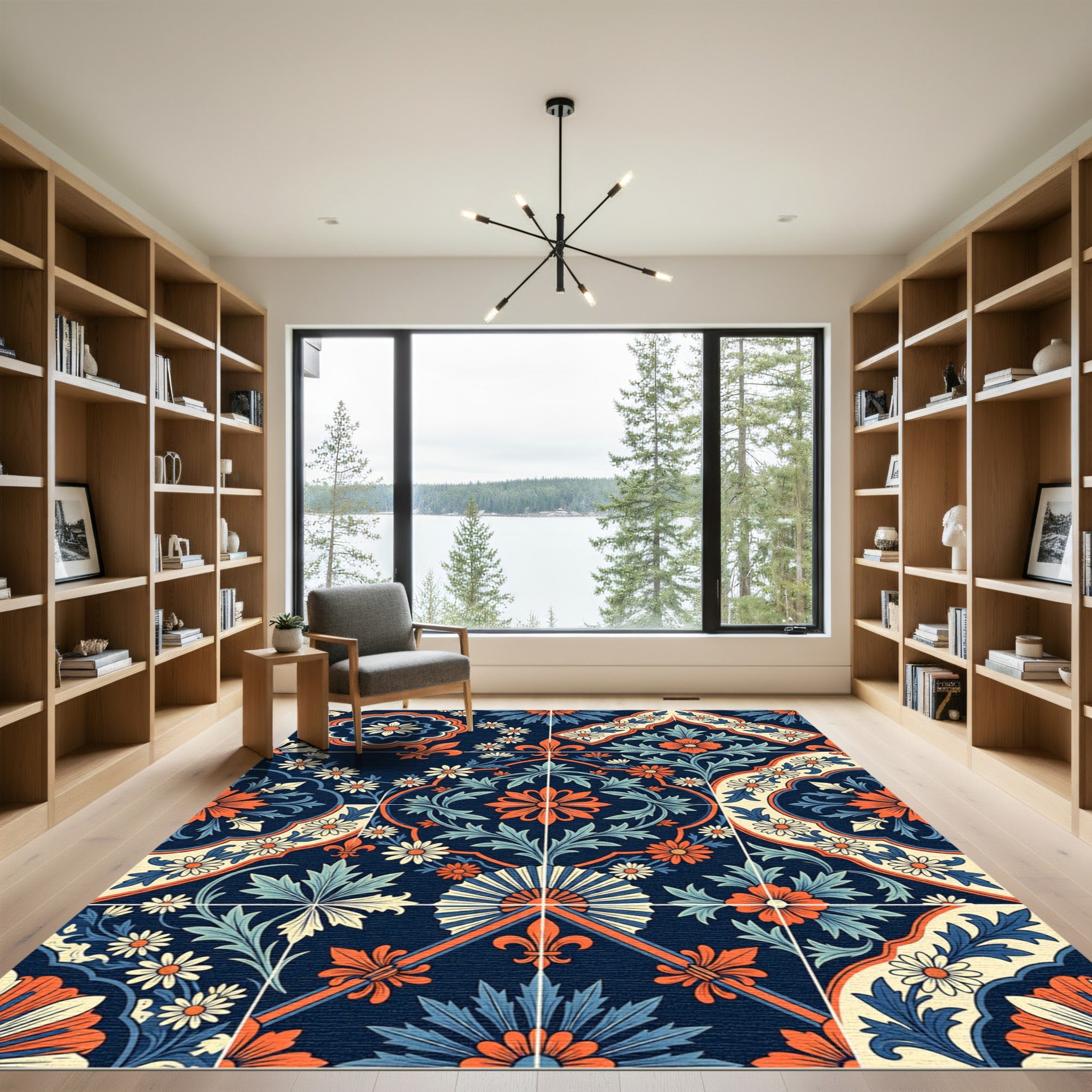 Navy Blue Orange Floral Fleuron Lattice Rug