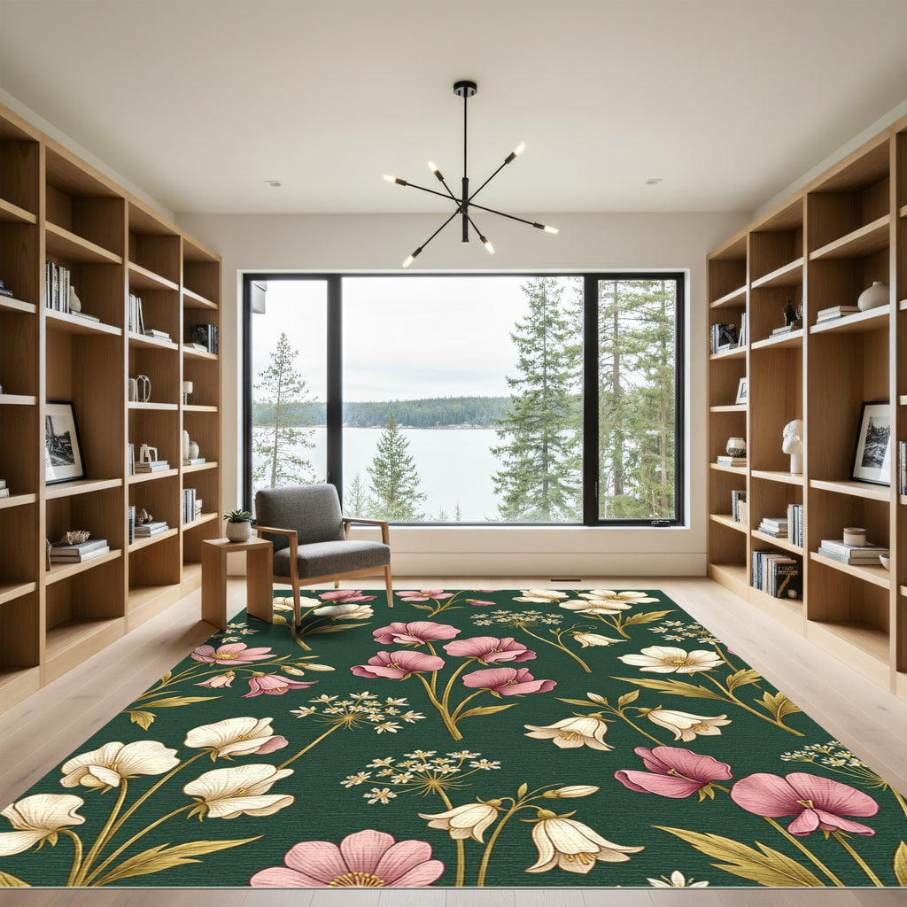 Pink Cream Floral Botanical Garden Rug