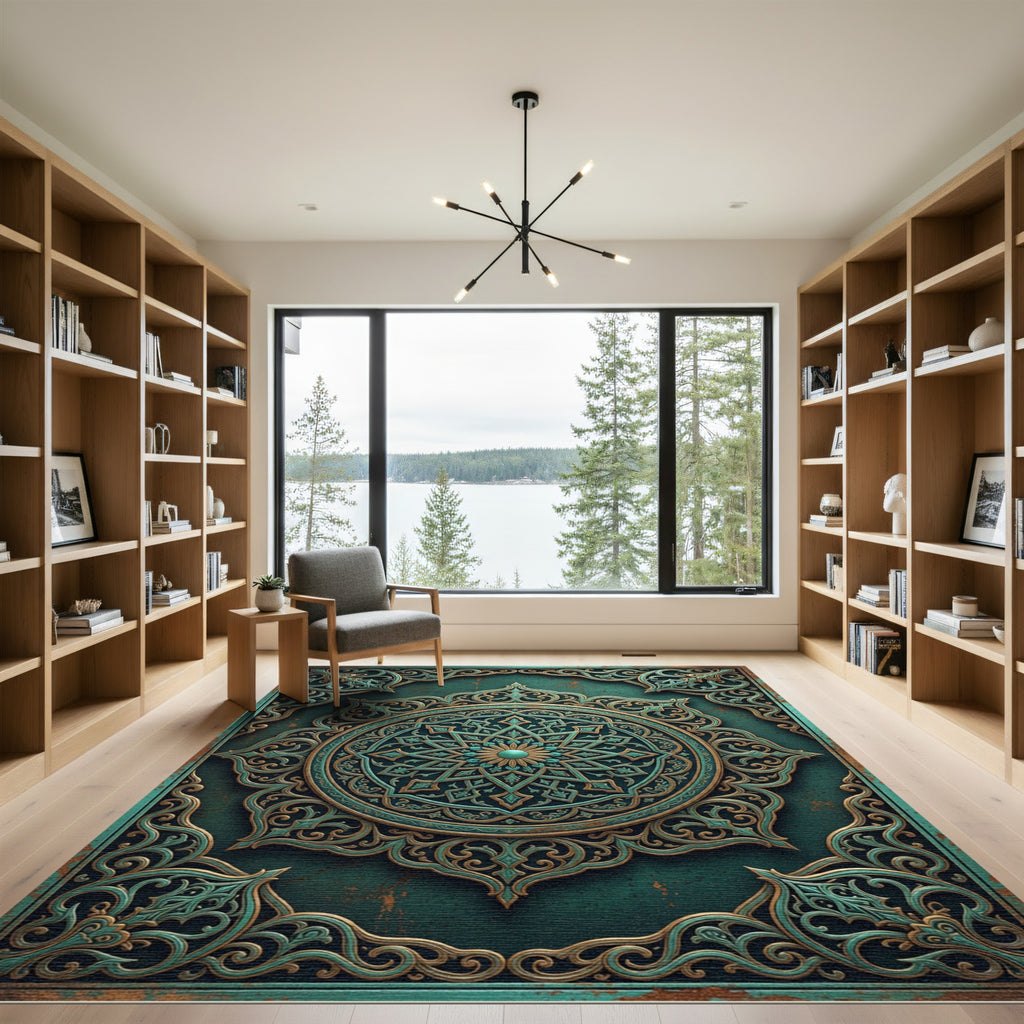 Teal and Gold Ornate Mandala Medallion Rug