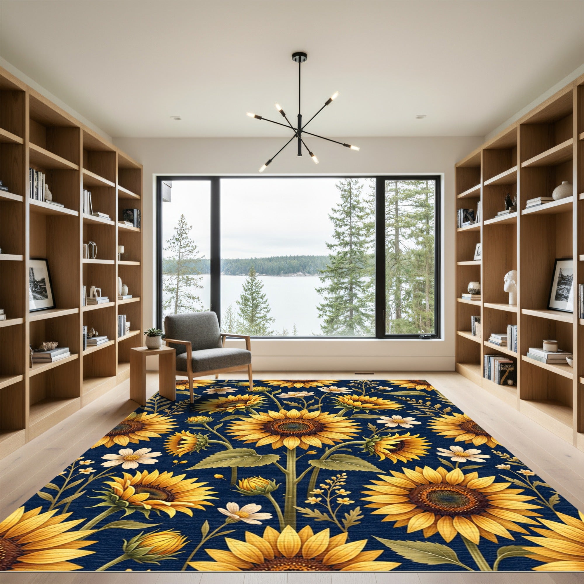 Radiant Golden Sunflower Navy Floral Rug