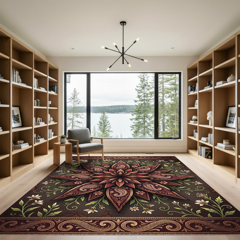 Deep Burgundy Floral Paisley Medallion Rug