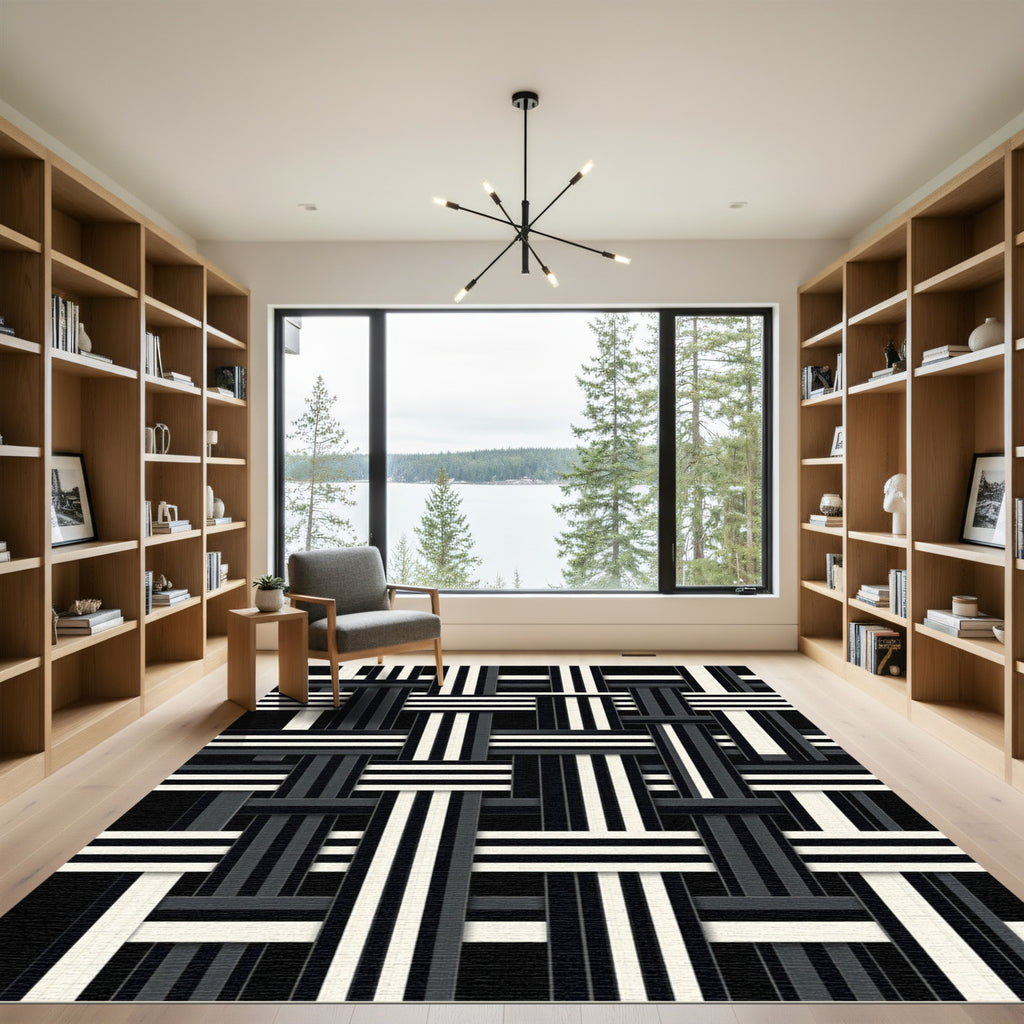 Modern Monochromatic Interwoven Striped Weave Rug