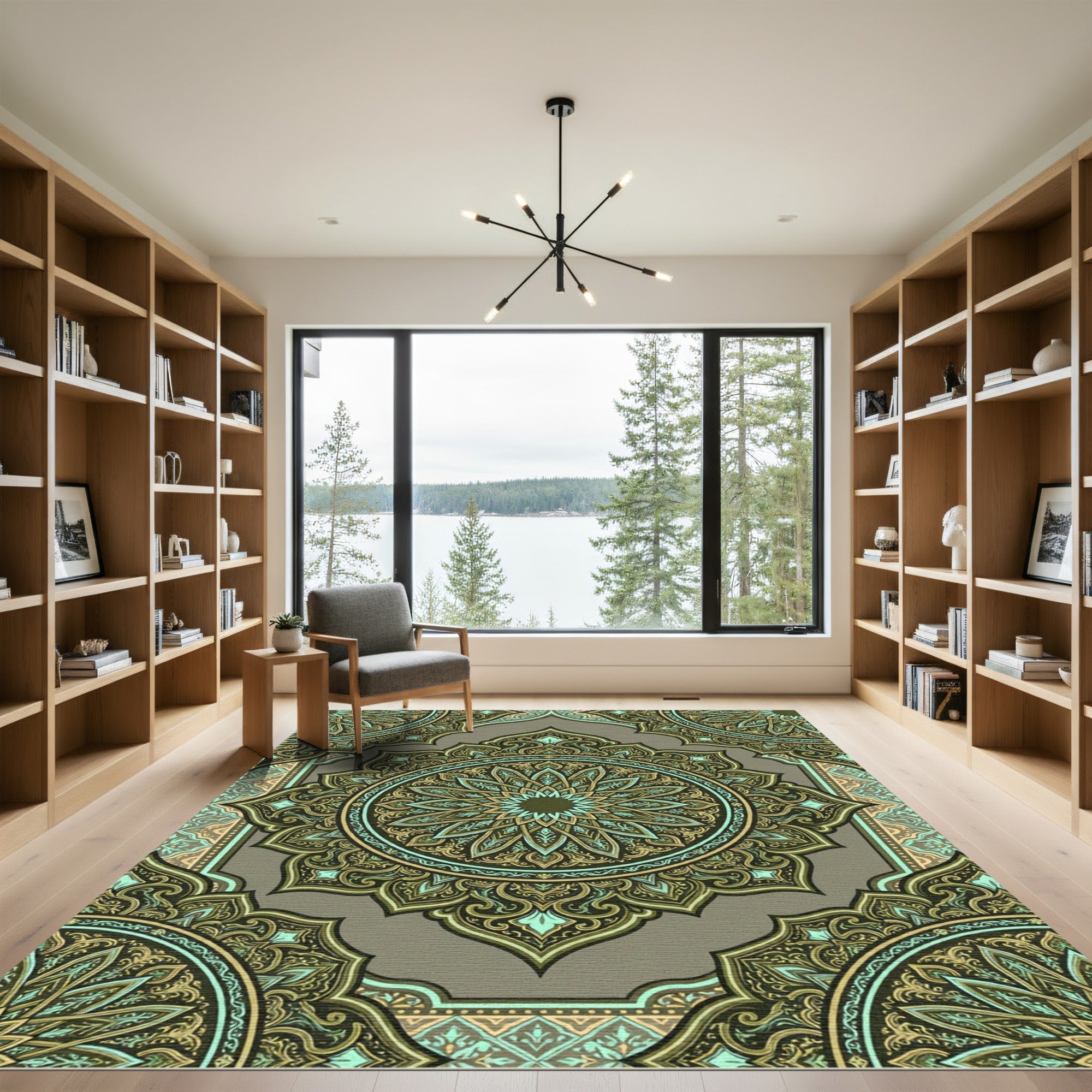 Earthy Sage And Gold Ornate Mandala Rug